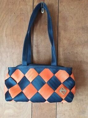 Maggie Bags Woven Seatbelt Purse Blue Orange Checkered Shoulder Bag EUC